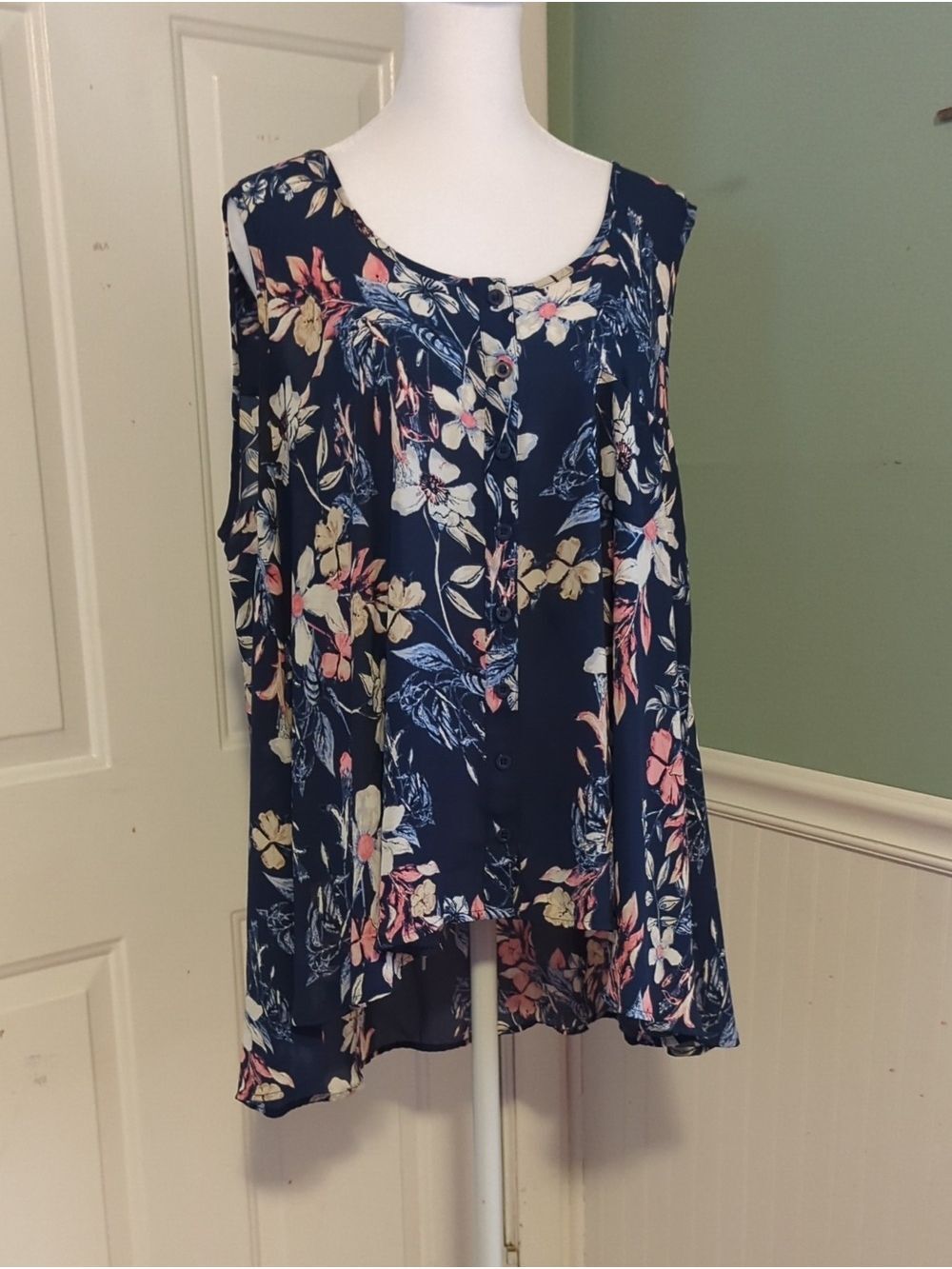 Style & Co Navy Floral Sleeveless Button-Front Tunic XL